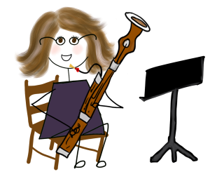 Cartoon drawing of Lisa wearing a purple dress, smiling and playing the bassoon. She is sitting in a brown wooden chair, with a black metal music stand on the side.